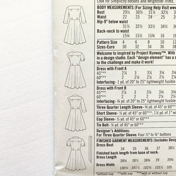 Simplicity Project Runway Dress Tie Belt Sewing Pattern 1880 Size D5 4-12 Uncut - Picture 3 of 5